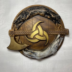 Viking wall art Viking decor Viking wolf Wolf decor Wolf picture Fenrir wolf Viking knot Wolf statue Viking mythology art Wood carved Wolf