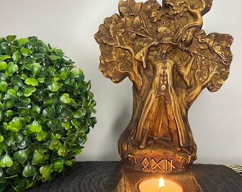 Hand Carved Odin Altar with Candle Holder, Norse Pagan Decor