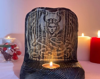 Samael Altar: Wooden Candle Holder, Occult Pagan Decor
