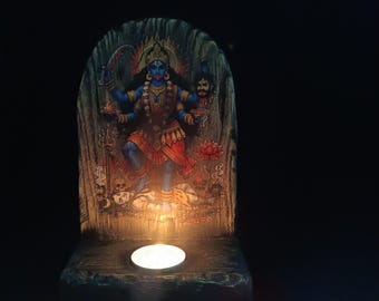 Hand Carved Wooden Chamunda Altar – Hindu Goddess Candle Holder