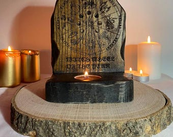 Roue de l'année en bois : bougeoir autel wicca calendrier païen