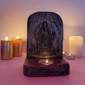 Brigid Altar: Carved Wood Candle Holder, Celtic Goddess Imbolc Decor