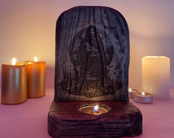 Brigid Altar: Carved Wood Candle Holder, Celtic Goddess Imbolc Decor