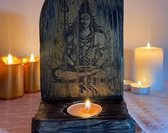 Hand Carved Shiva Wooden Candle Holder: Hindu Altar Decor