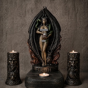 Lilith, houten, kaarsenhouder, gotisch, mythologie, beeldhouwkunst, verzamelobject, cadeau.