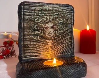 Medusa Altar: Greek Goddess Candle Holder Carved Wood
