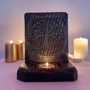 Yggdrasil Tree of Life Altar: Norse Carved Wood Candle Holder