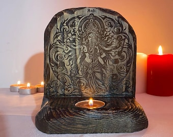 Kali Altar Candle Holder: Wooden Hindu Goddess Art Handmade