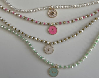 Faux Pearl & Charm Stretchy Beaded Necklace / Length Options / Colour Options / Moon / Heart / Wings / Eye