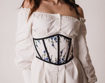 blue corset belt, underbust corset with embroidered flowers, lace cupless corset, renaissance corset, overbust corset, corset lingerie