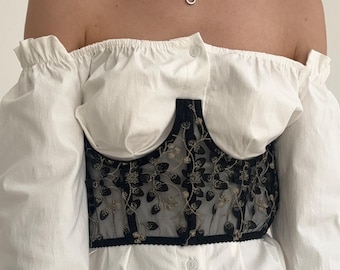 Floral black corset, Black cupless corset, Underbust corset with flowers