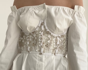 renaissance underbust corset top, prom dress corset, ren faire corset, bridal white cupless corset, wedding corset, corset for dress