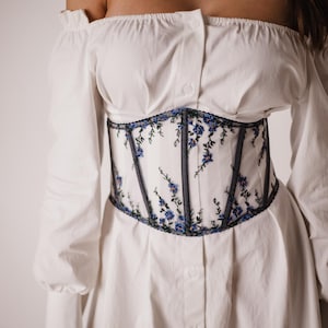 Black corset belt with embroidered flowers Underbust corset Renaissance corset Corset lingerie Prom dress corset  Lace up cupless corset