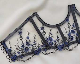 Corset sans bonnets, Corset sous la poitrine avec fleurs brodées, Corset noir, Corset avec fleurs bleu foncé