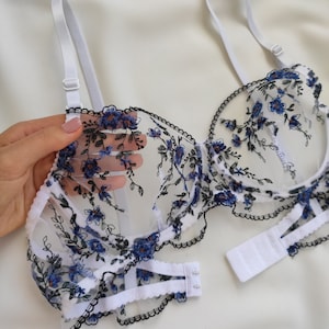 Floral Lace Lingerie-Embroidered lingerie set- Blue lingerie set-Lingerie with flowers-White mesh lingerie-Sheer Lingerie