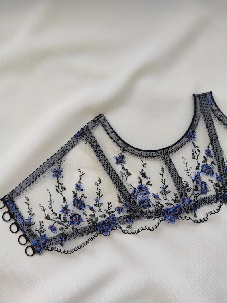 Cupless corset, Underbust corset with embroidered flowers, Black corset, Corset with dark blue flowers image 1