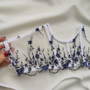 White corset, Cupless corset, Underbust corset with embroidered flowers, Corset with dark blue flowers, Lace-up corset