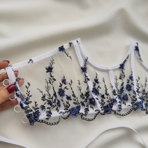 White corset, Cupless corset, Underbust corset with embroidered flowers, Corset with dark blue flowers, Lace-up corset