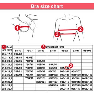 May include: A bra size chart with illustrations and measurements. The chart includes bust arc and underbust measurements in centimeters, with corresponding bra sizes. The text "Bra size chart" is at the top.