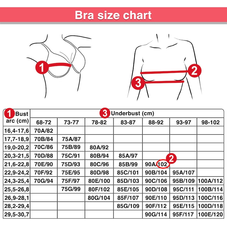 May include: A bra size chart with illustrations and measurements. The chart includes bust arc and underbust measurements in centimeters, with corresponding bra sizes. The text "Bra size chart" is at the top.