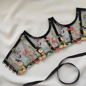 Cupless corset, Underbust corset with embroidered flowers, Black corset, Corset with multi-colored flowers, Bright underbust corset