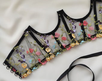 Cupless corset, Underbust corset with embroidered flowers, Black corset, Corset with multi-colored flowers, Bright underbust corset