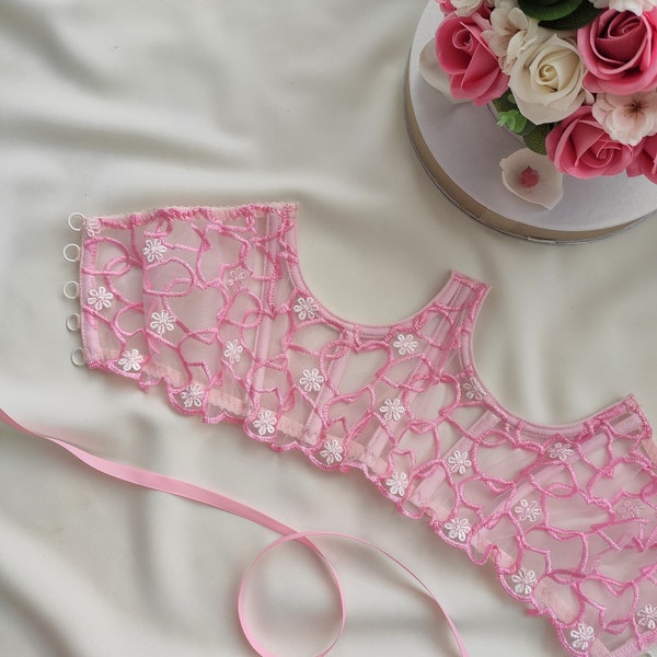 Pink cupless corset, Underbust corset with embroidered flowers, Pink corset, Оpen cup lingerie