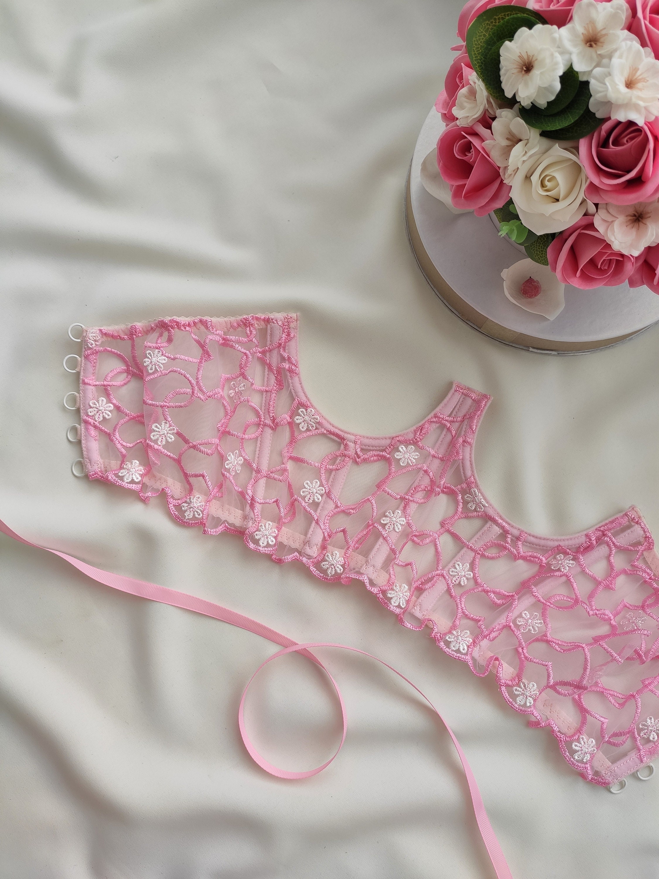Pink Cupless Corset, Underbust Corset With Embroidered Flowers