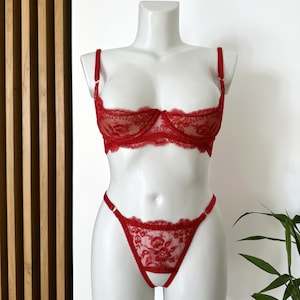 Red open cupless lingerie big breast, Open crotched lingerie, Open cupless bra plus size, Shelf bra open half cup bra, Open crotched panty