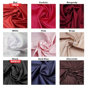 May include: A collection of fabric swatches in various colors, including red, fuchsia, burgundy, white, pink, beige, black, dark blue, and chocolate. Each swatch is draped to show the texture and color variations. The red swatch is labeled "Popular", and the black swatch is labeled "Bestseller".