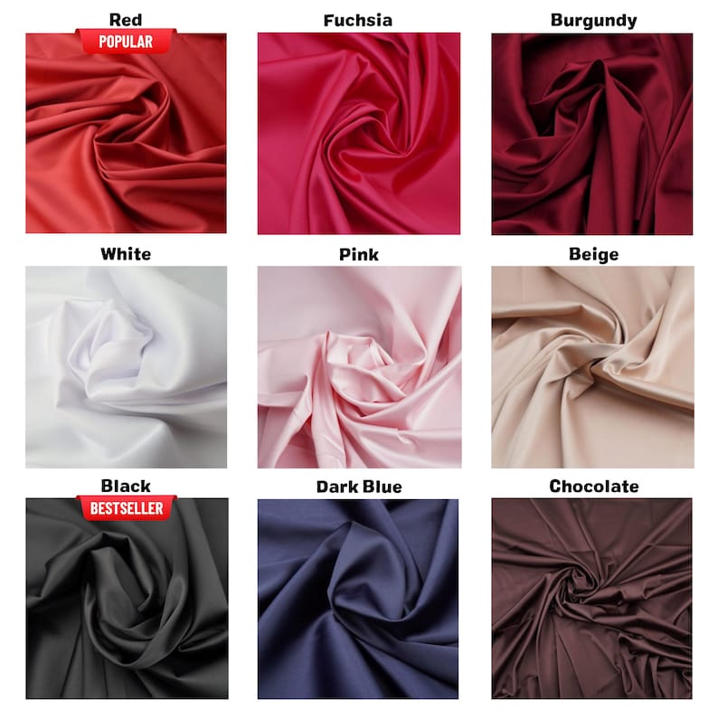 May include: A collection of fabric swatches in various colors, including red, fuchsia, burgundy, white, pink, beige, black, dark blue, and chocolate. Each swatch is draped to show the texture and color variations. The red swatch is labeled "Popular", and the black swatch is labeled "Bestseller".