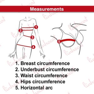 Peut inclure: Diagramme montrant comment mesurer diff&eacute;rentes parties du corps pour les v&ecirc;tements. Le diagramme montre cinq mesures&nbsp;: 1. Tour de poitrine, 2. Tour de dessous de poitrine, 3. Tour de taille, 4. Tour de hanches et 5. Arc horizontal.