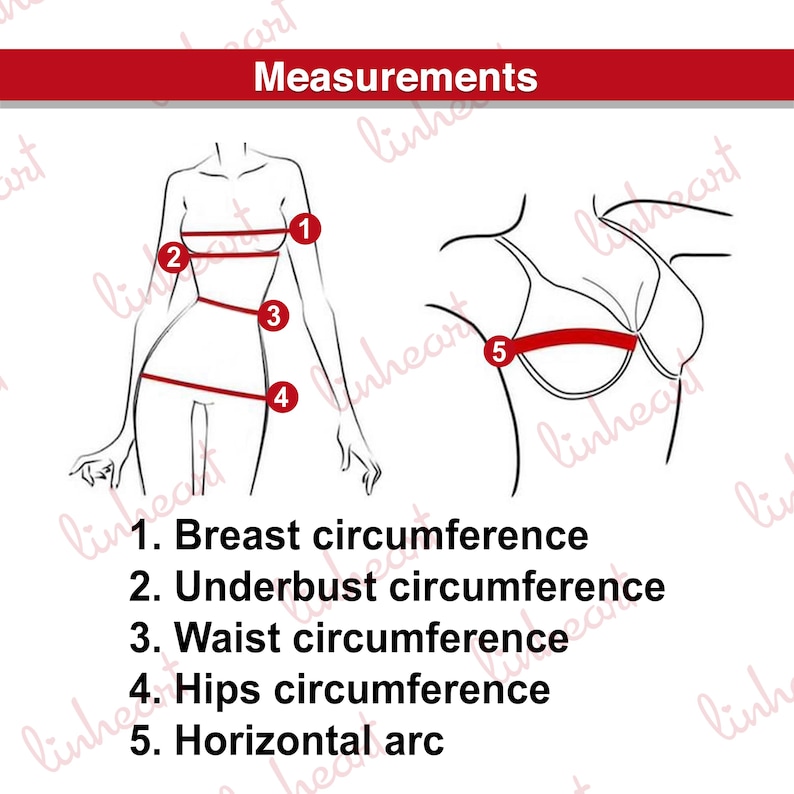 Peut inclure: Diagramme montrant comment mesurer diff&eacute;rentes parties du corps pour les v&ecirc;tements. Le diagramme montre cinq mesures&nbsp;: 1. Tour de poitrine, 2. Tour de dessous de poitrine, 3. Tour de taille, 4. Tour de hanches et 5. Arc horizontal.