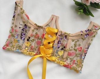 Cupless corset, Underbust corset with embroidered flowers