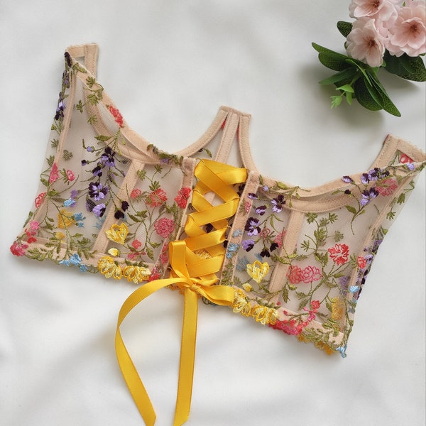 Corset sans bonnets, Corset sous la poitrine avec fleurs brodées