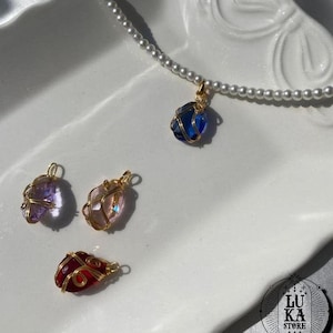 Pearl and Gold Plated Wire Wrap Red - Blue - Pink - Lilac color Crystal Freya Necklace