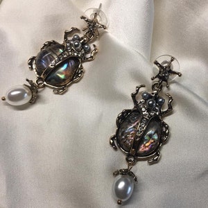 Egyptian Scarab Mother of Pearl and Pearl Dangling Earrings - Birthday gift - Valentines day