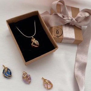 Silver chain with Gold Plated Stainless Steel Wire Wrap Red - Pink - Blue - Lilac color Crystal Necklace (4 colors)