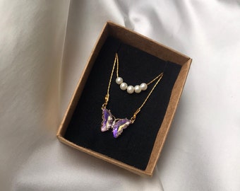 Pink and Blue Reflections Iridescent Butterfly Pearl Barbie Fairytopia Mariposa Necklace Butterfly Necklace (gift for her) (Gold Plated)