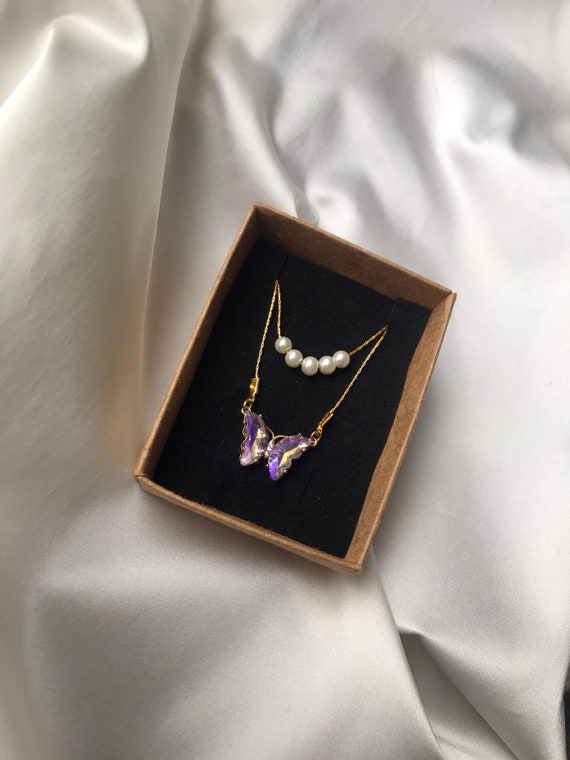 Pink and Blue Reflections Iridescent Butterfly Pearl Barbie Fairytopia Mariposa Necklace Butterfly Necklace (gift for her) (Gold Plated)