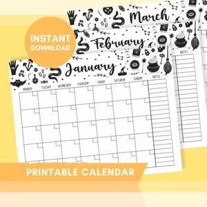 May include: Printable calendar with a witchy theme. The calendar features the months of January, February, and March. Each month has a decorative header with witch-themed illustrations. The words "Instant Download" and "Printable Calendar" are also visible.