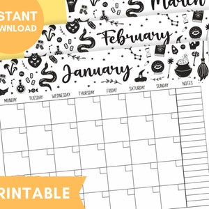 Printable Witch Calendar | Digital Download | Blank Witchy Monthly Calendar | Undated Celestial and Mystical Agenda | Letter Size Planner