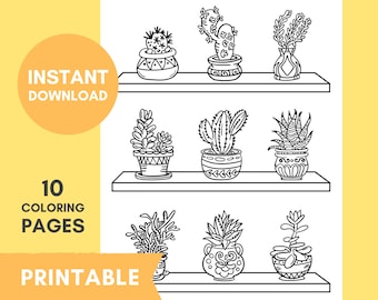 Houseplant Coloring Pages | 10 Printable Sheets for Adults and Kids, Botanical, Cactus, Indoor Plant, Instant Download