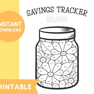 Peut inclure: Un suivi d'épargne imprimable en noir et blanc avec un design de pot. Le pot est rempli de fleurs, chacune avec un montant en euros imprimé dessus. Le suivi est conçu pour aider les gens à économiser jusqu'à 2 000 euros.