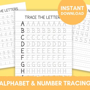 Printable Trace the Alphabet and Numbers, Tracing Worksheets for Kids, ABC Handwriting Practice, Uppercase and Lowercase Letters, Download