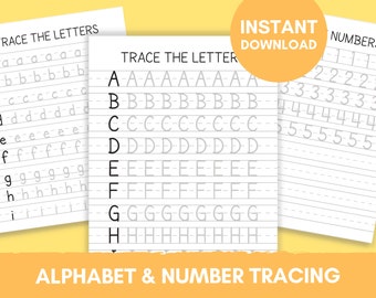 Alphabet and Numbers Tracing Worksheets, Handwriting Practice (Digital Download)