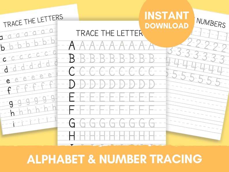 Printable Trace the Alphabet and Numbers Tracing Worksheets Etsy