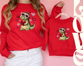 Valentines Sweatshirt Mama & Mini Matching Set |Mum and Son Valentines | Valentines Outfit | Red  Pink Valentine Tops | Dinosaur Valentine