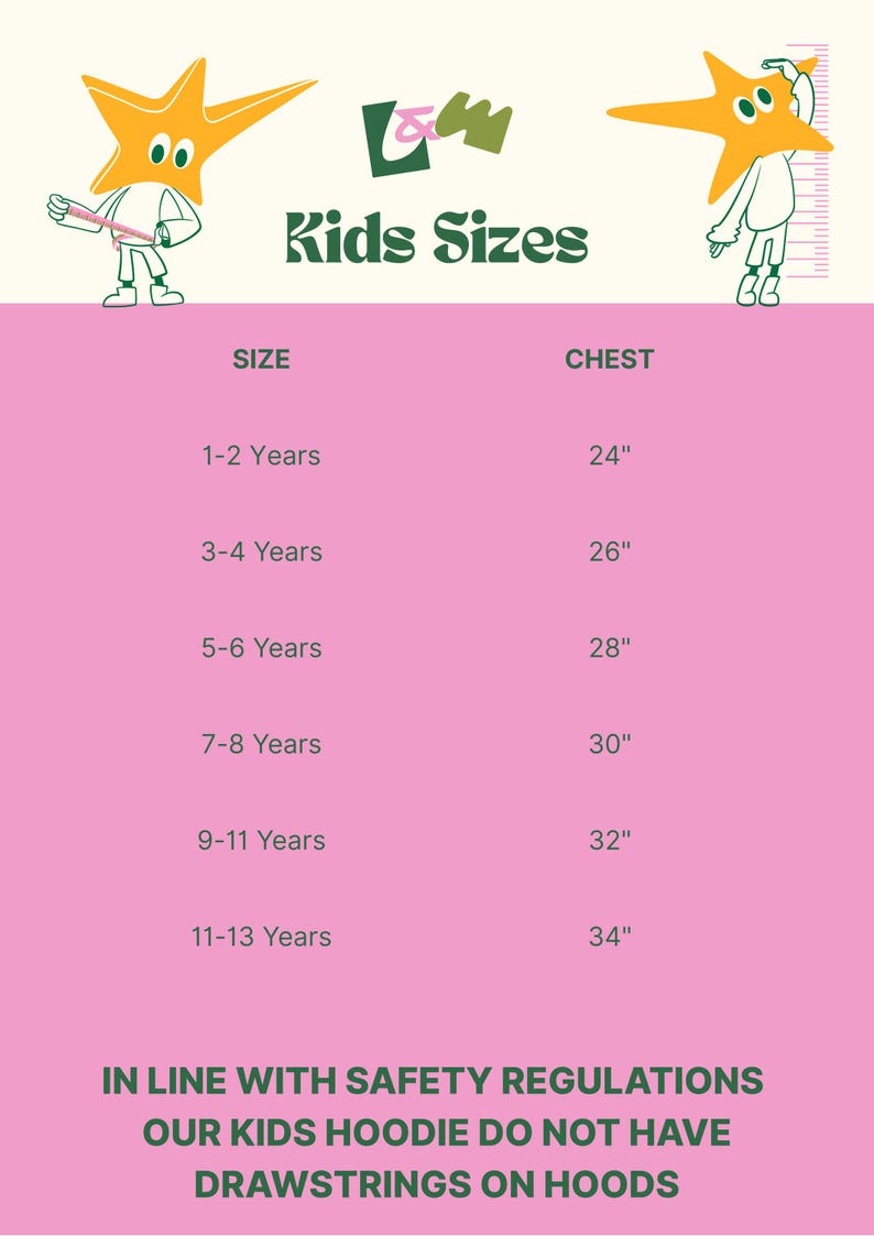 Puede incluir: Un gr&aacute;fico rosa con el texto "Kids Sizes" y medidas de tallas para ropa de ni&ntilde;os. El gr&aacute;fico incluye tallas de pecho de 61 cm a 86 cm para edades de 1 a 13 a&ntilde;os. Tambi&eacute;n est&aacute; presente el texto "In line with safety regulations".