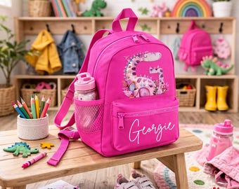 Personalised Pink Dinosaur Backpack | Girls Name Toddler Rucksack | Preschool School Bag
